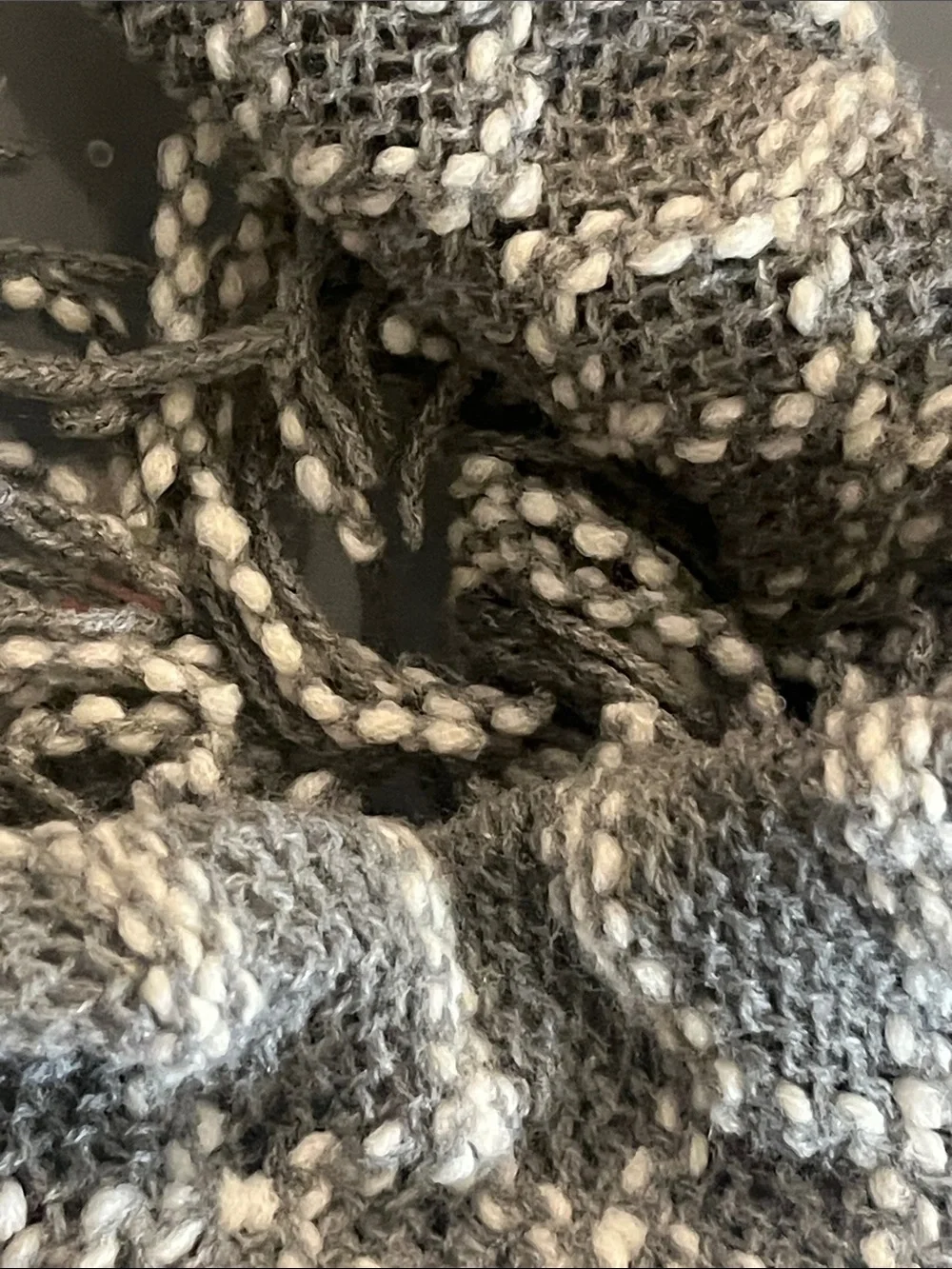 Britt’s Knits Gray & White Knit Fringe Infinity Scarf S77